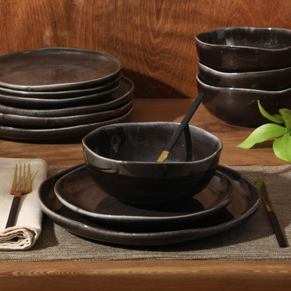 Gibson Soho Lounge Nardini 12 Piece (Service for 4) Plates and Bowls Reactive Glaze Dishes Stoneware Ceramic Dinnerware Set - Black and Blue