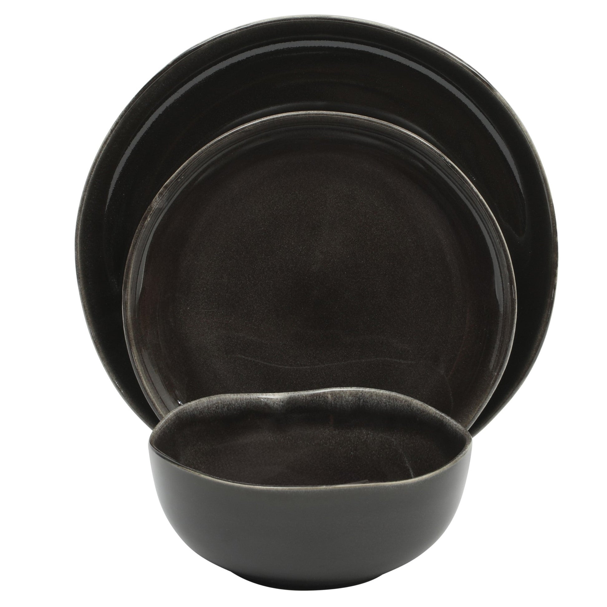 Gibson Soho Lounge Nardini 12 Piece (Service for 4) Plates and Bowls Reactive Glaze Dishes Stoneware Ceramic Dinnerware Set - Black and Blue