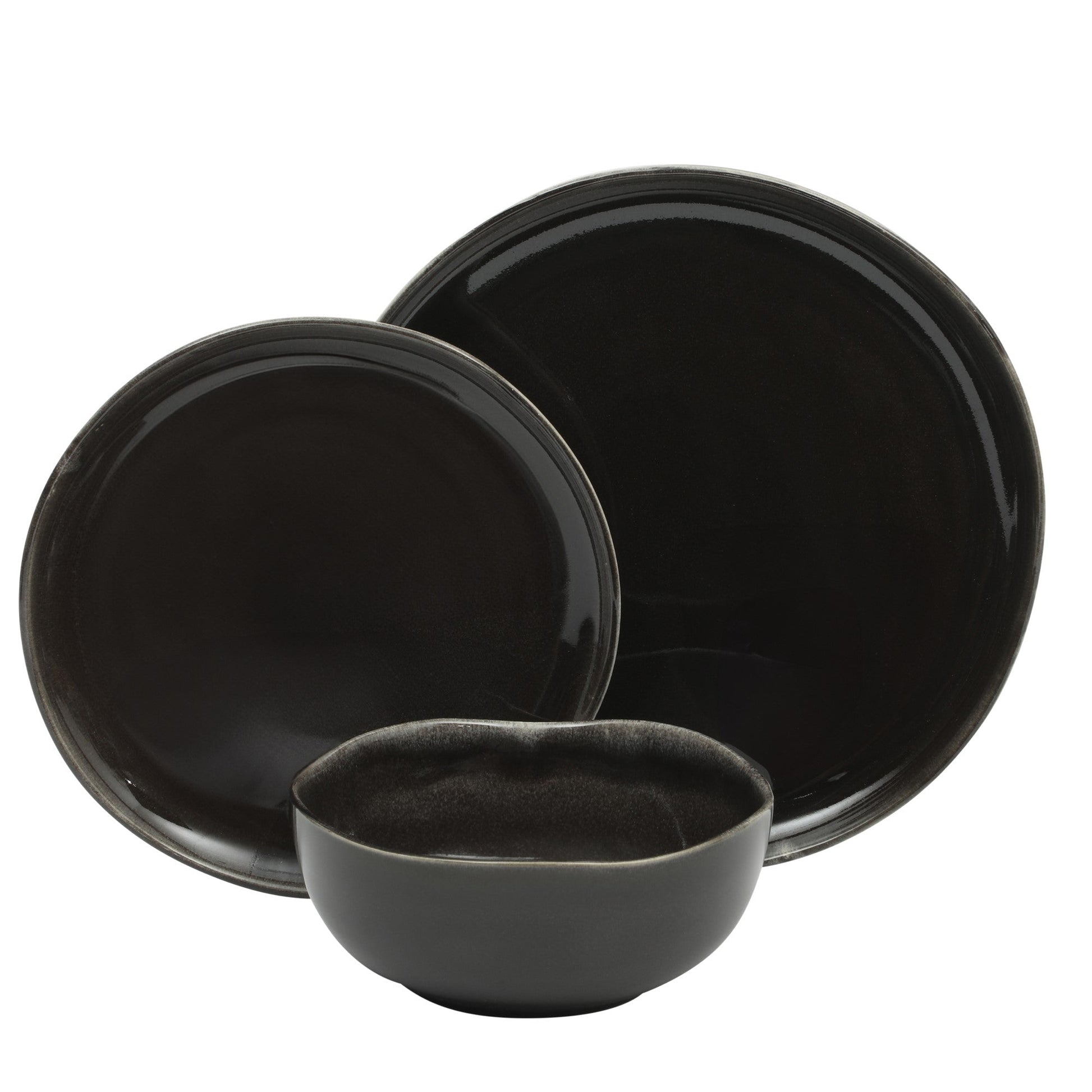 Gibson Soho Lounge Nardini 12 Piece (Service for 4) Plates and Bowls Reactive Glaze Dishes Stoneware Ceramic Dinnerware Set - Black and Blue
