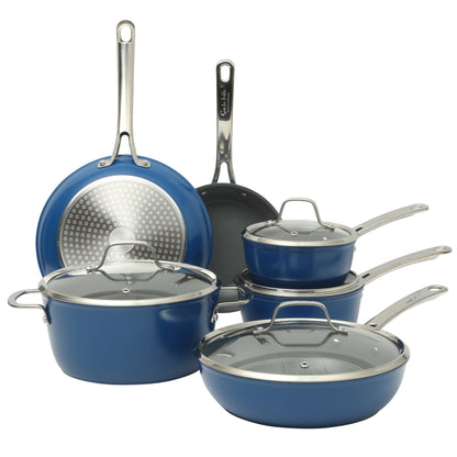 Sur La Table Kitchen Essentials Cool Commune Hard Anodized 10 Piece PFA Free Ceramic Non stick Interior Forged Durable Aluminum Pots and Pans Cookware Set