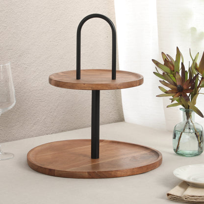 Gibson Home Gracious Dining 2-Tier Round Acacia Wood Serving Tray – Rustic Charcuterie Board Stand with Black Iron Handle – Tiered Party Platter, Dessert Display or Lazy Susan for Entertaining