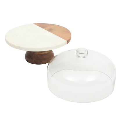 Gibson Elite Ridgehaven 10" Marble & Wood Cake Stand, Serving Platter, Charcuterie Board, and Center Piece Home Décor With Glass Lid