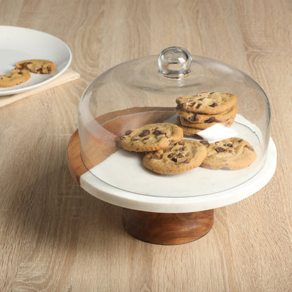 Gibson Elite Ridgehaven 10" Marble & Wood Cake Stand, Serving Platter, Charcuterie Board, and Center Piece Home Décor With Glass Lid