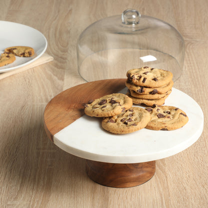 Gibson Elite Ridgehaven 10" Marble & Wood Cake Stand, Serving Platter, Charcuterie Board, and Center Piece Home Décor With Glass Lid