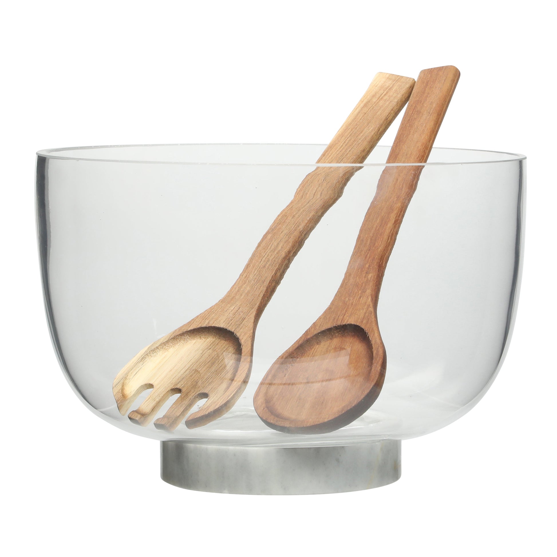 Gibson Elite Wildgreens Large Glass Salad Bowl Set with Acacia Serving Utensils