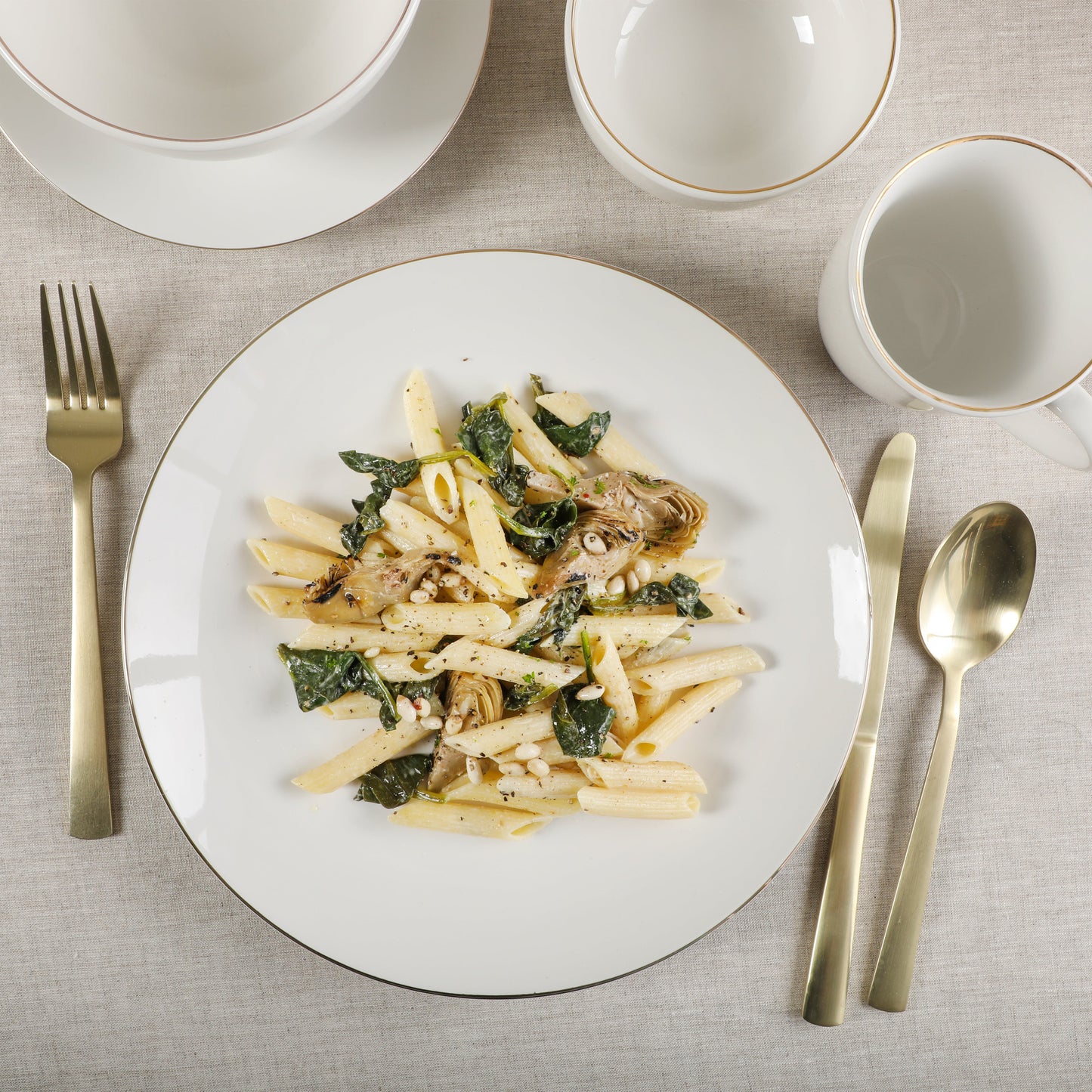 Gibson Home Ogalla 30 Piece Plates, Bowls, & Mugs Dinnerware Set - Service for 6 - White Porcelain W/ Gold Band