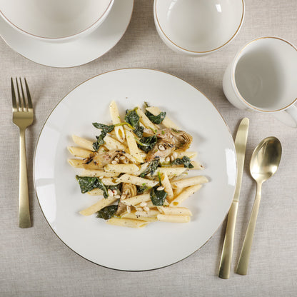 Gibson Home Ogalla 30 Piece Plates, Bowls, & Mugs Dinnerware Set - Service for 6 - White Porcelain W/ Gold Band