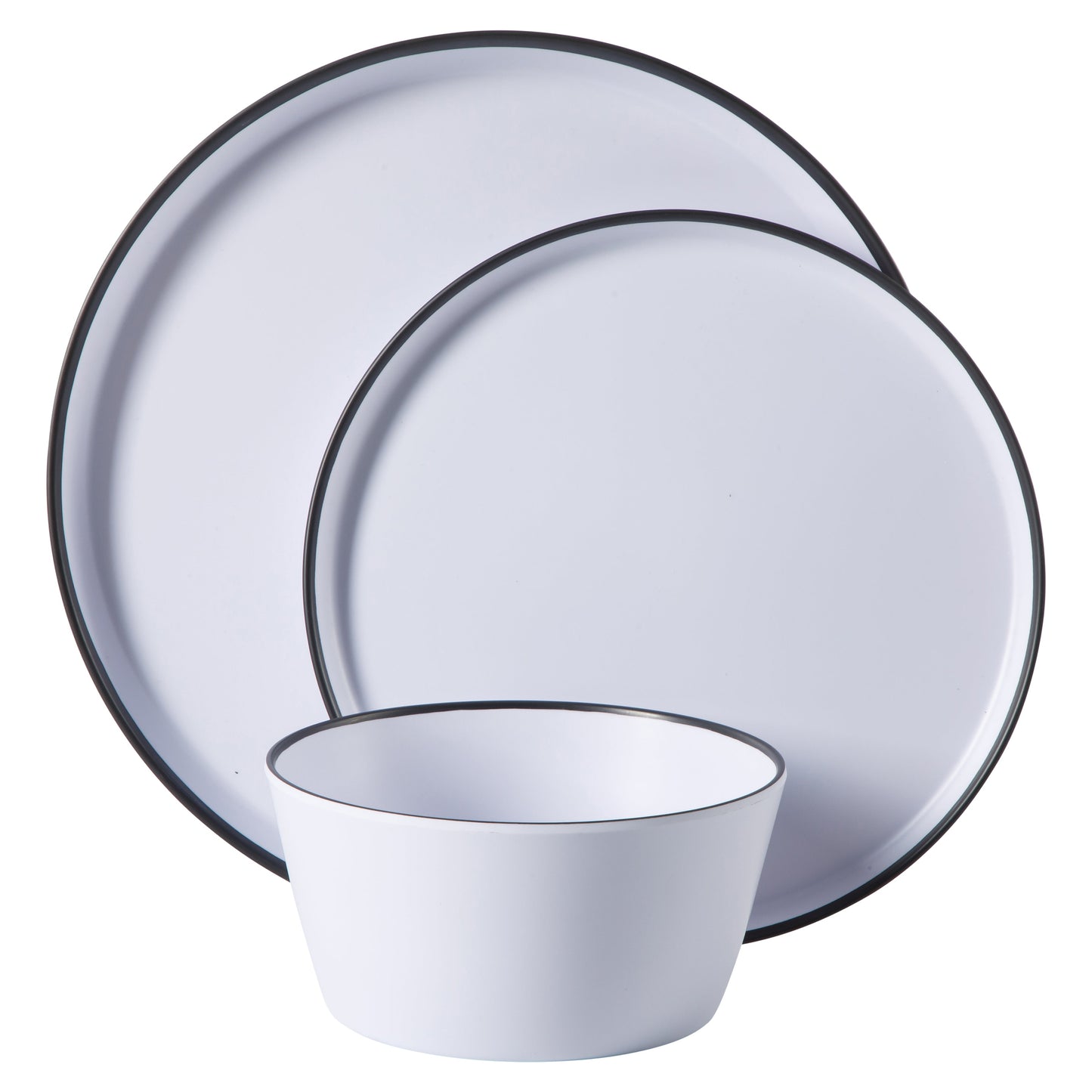 Gibson Home Folsom Shores 12 Piece Unbreakable Modern Melamine Plates and Bowls Dinnerware Set - Outdoor, Camping, & Everyday Use - White W/ Black Rim
