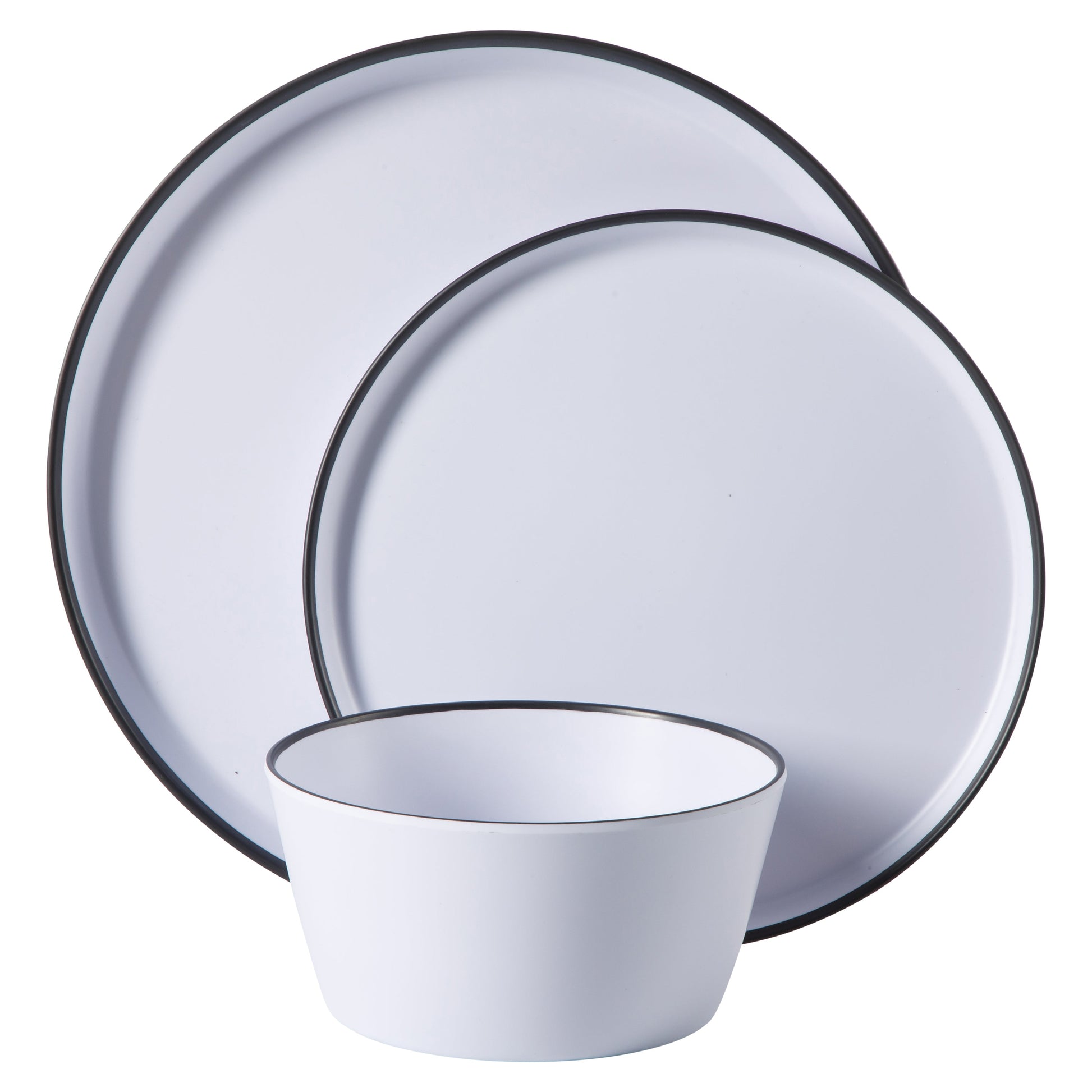 Gibson Home Folsom Shores 12 Piece Unbreakable Modern Melamine Plates and Bowls Dinnerware Set - Outdoor, Camping, & Everyday Use - White W/ Black Rim