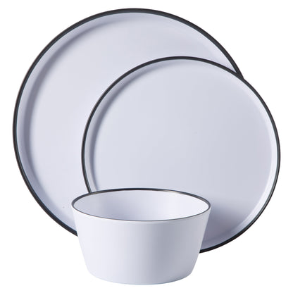 Gibson Home Folsom Shores 12 Piece Unbreakable Modern Melamine Plates and Bowls Dinnerware Set - Outdoor, Camping, & Everyday Use - White W/ Black Rim