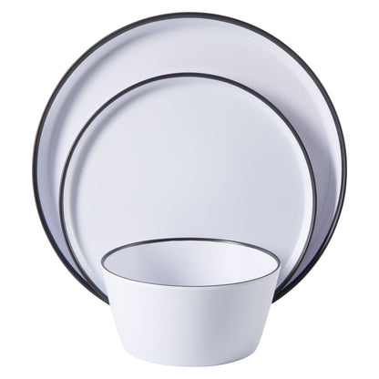 Gibson Home Folsom Shores 12 Piece Unbreakable Modern Melamine Plates and Bowls Dinnerware Set - Outdoor, Camping, & Everyday Use - White W/ Black Rim