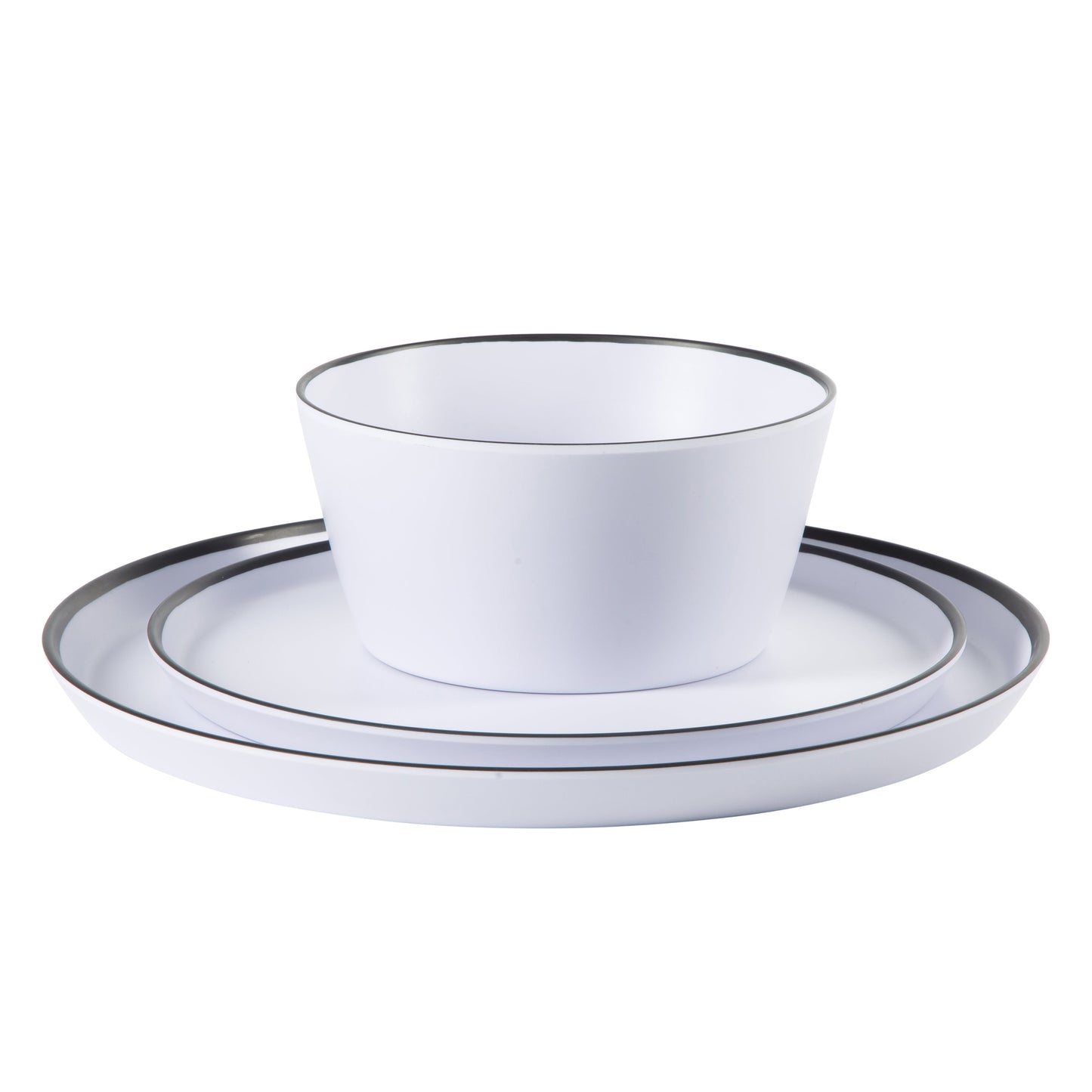 Gibson Home Folsom Shores 12 Piece Unbreakable Modern Melamine Plates and Bowls Dinnerware Set - Outdoor, Camping, & Everyday Use - White W/ Black Rim