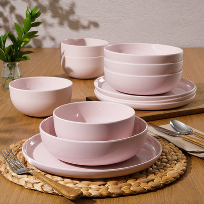 Gibson Home Candy Skies 12 Piece Unbreakable Wheat Straw Melamine Plates and Bowls Dinnerware Set - Outdoor, Camping, & Everyday Use - Matte Exterior/Shiny Interior