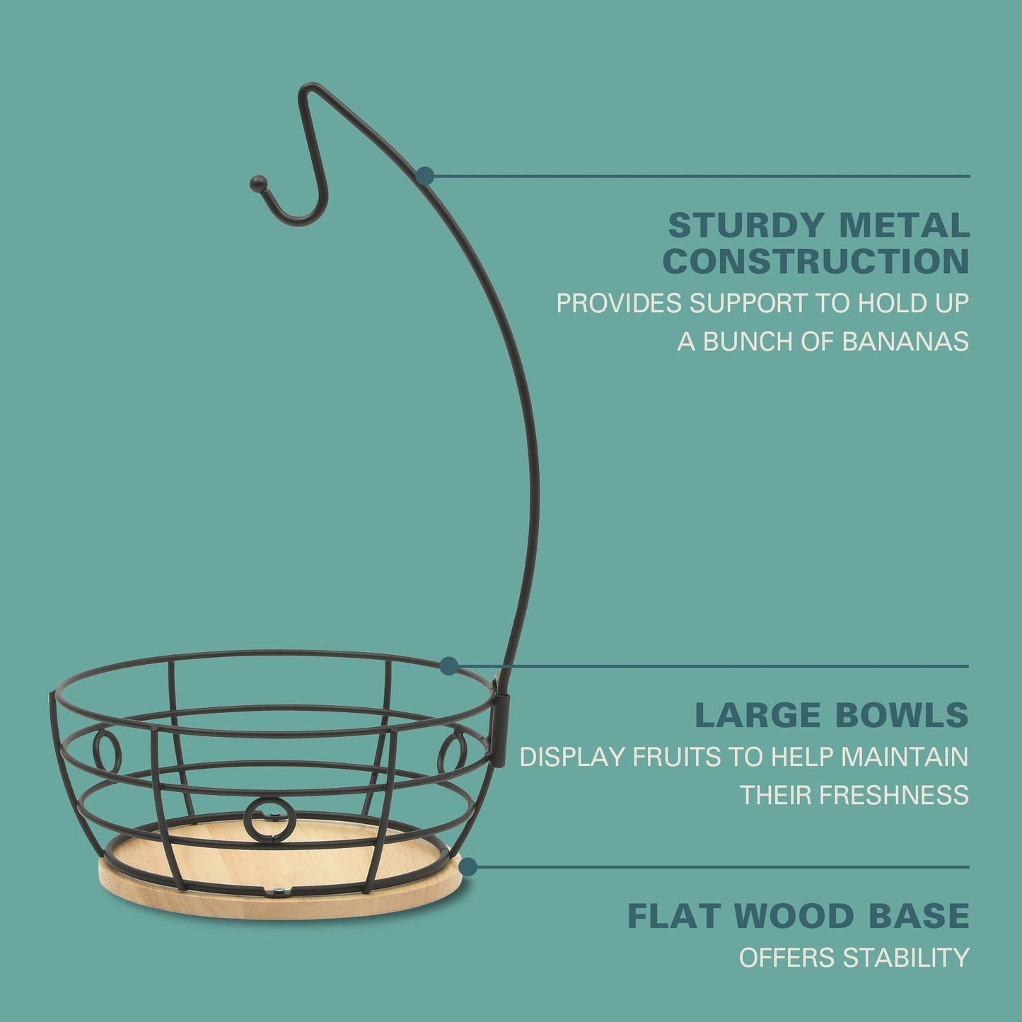 Gibson Home Harvest Season Fruit Basket Bowl with Banana Hanger – Black Metal Wire & Rubberwood Base – Countertop Produce Stand for Apples, Bananas, Oranges – Kitchen Storage Organizer
