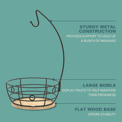 Gibson Home Harvest Season Fruit Basket Bowl with Banana Hanger – Black Metal Wire & Rubberwood Base – Countertop Produce Stand for Apples, Bananas, Oranges – Kitchen Storage Organizer