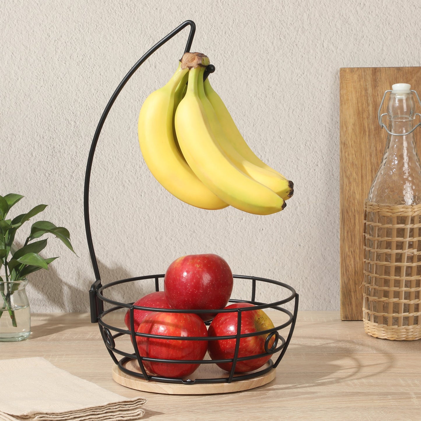 Gibson Home Harvest Season Fruit Basket Bowl with Banana Hanger – Black Metal Wire & Rubberwood Base – Countertop Produce Stand for Apples, Bananas, Oranges – Kitchen Storage Organizer