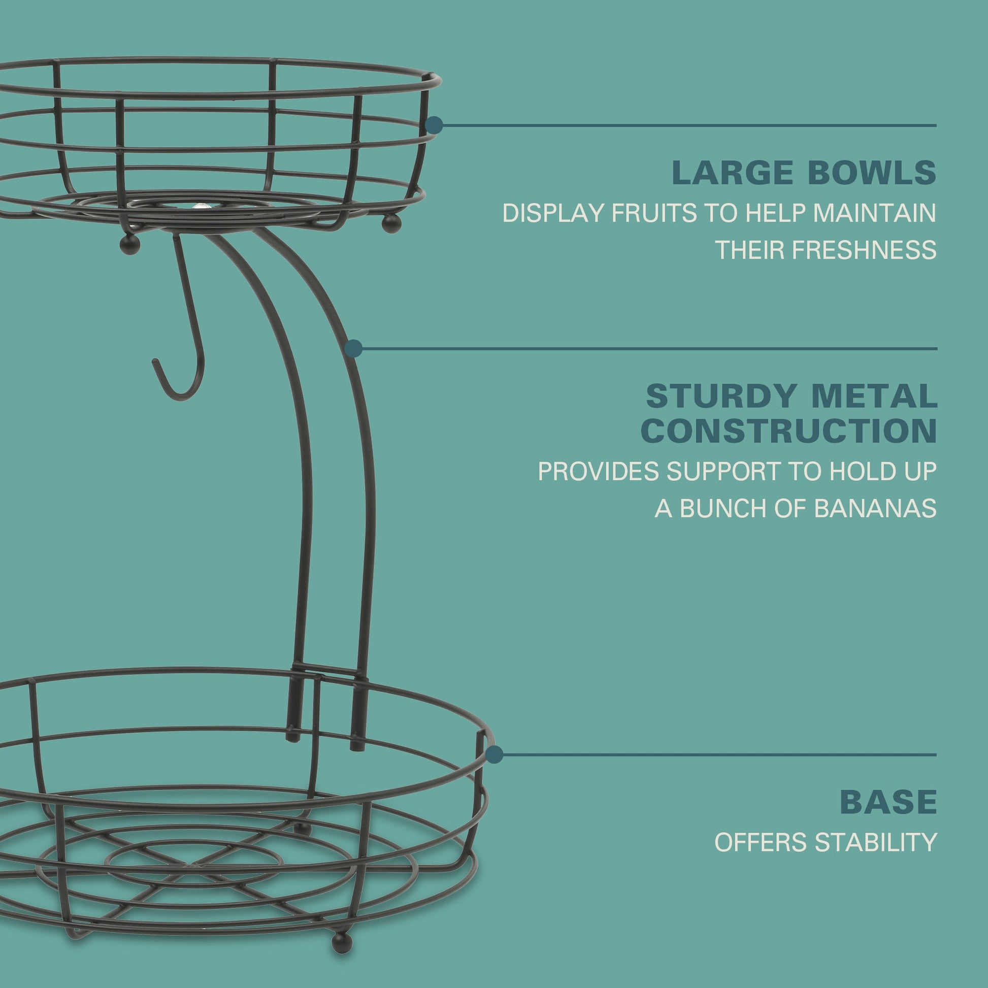 Gibson Home Harvest Season Two-Tier Fruit Basket with Banana Hanger – Black Metal Countertop Produce Stand – Kitchen Storage Organizer for Apples, Oranges, Bananas – Durable Iron Wire Frame