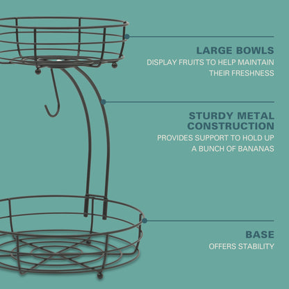 Gibson Home Harvest Season Two-Tier Fruit Basket with Banana Hanger – Black Metal Countertop Produce Stand – Kitchen Storage Organizer for Apples, Oranges, Bananas – Durable Iron Wire Frame