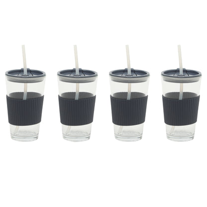 Mr. Coffee Sip Savvy 4-Pack 15oz Glass Tumblers with Lids and Straws – Reusable Iced Coffee Cups – Dishwasher Safe – To-Go Drinkware Water Glasses