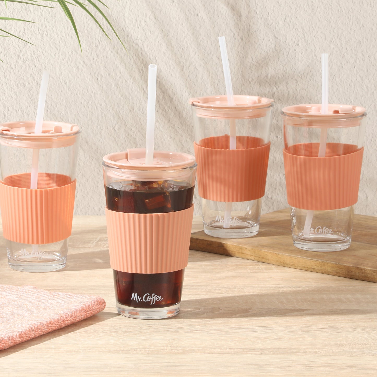 Mr. Coffee Sip Savvy 4-Pack 15oz Glass Tumblers with Lids and Straws – Reusable Iced Coffee Cups – Dishwasher Safe – To-Go Drinkware Water Glasses