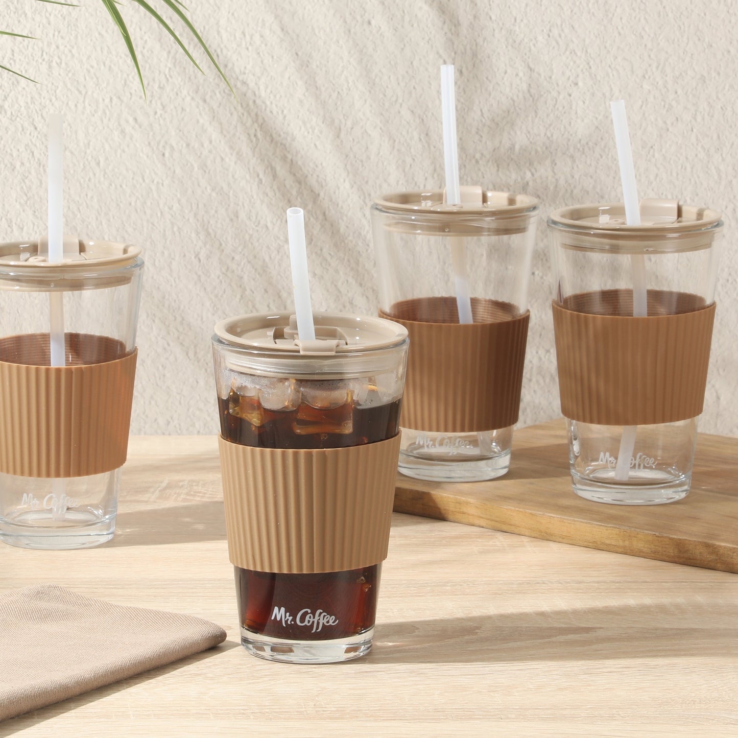 Mr. Coffee Sip Savvy 4-Pack 15oz Glass Tumblers with Lids and Straws – Reusable Iced Coffee Cups – Dishwasher Safe – To-Go Drinkware Water Glasses