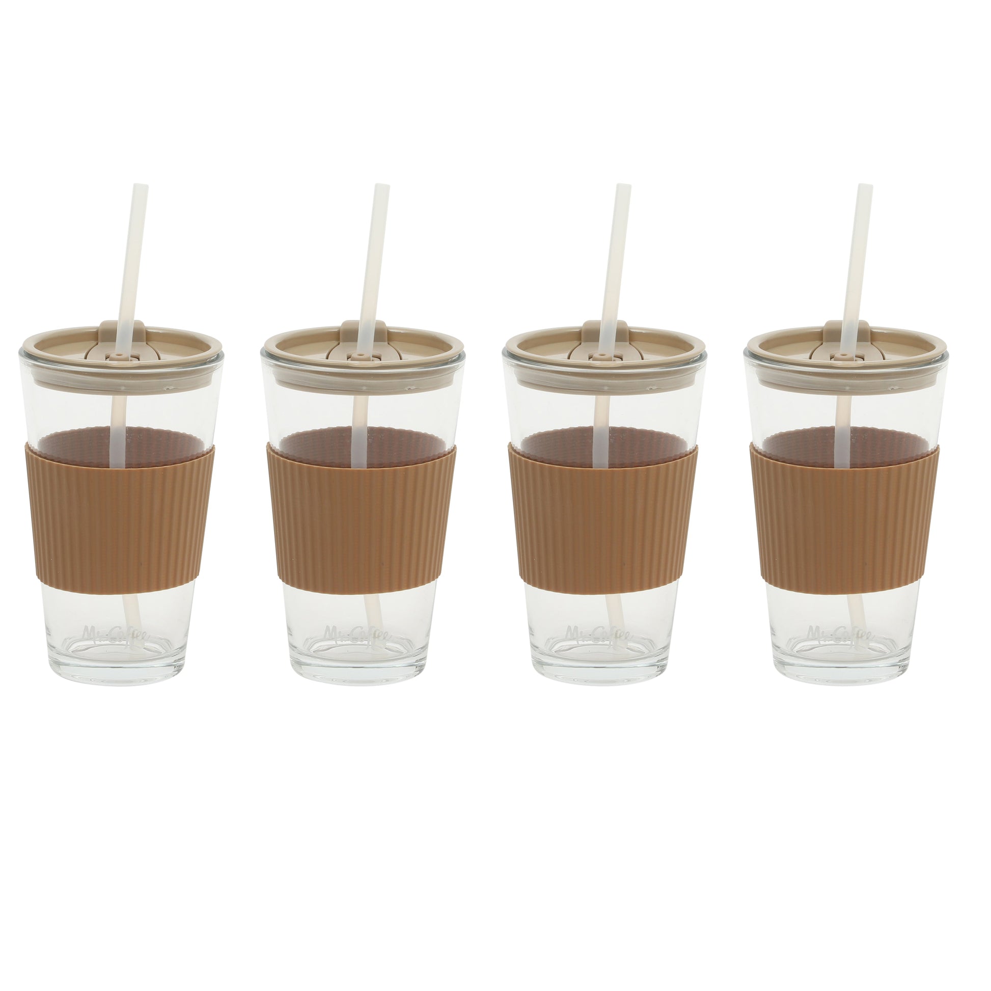 Mr. Coffee Sip Savvy 4-Pack 15oz Glass Tumblers with Lids and Straws – Reusable Iced Coffee Cups – Dishwasher Safe – To-Go Drinkware Water Glasses