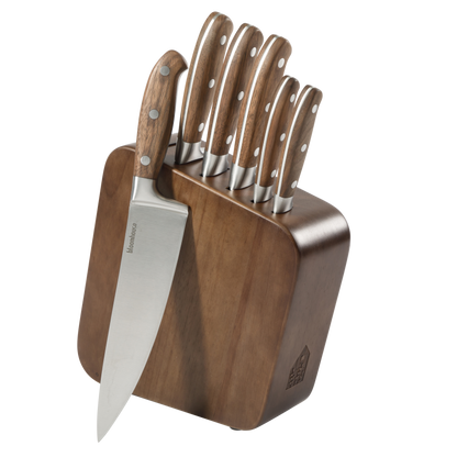 Bloomhouse 7 Piece Italian Olive Wood Knife Block Set w/ German Forged Steel Knives