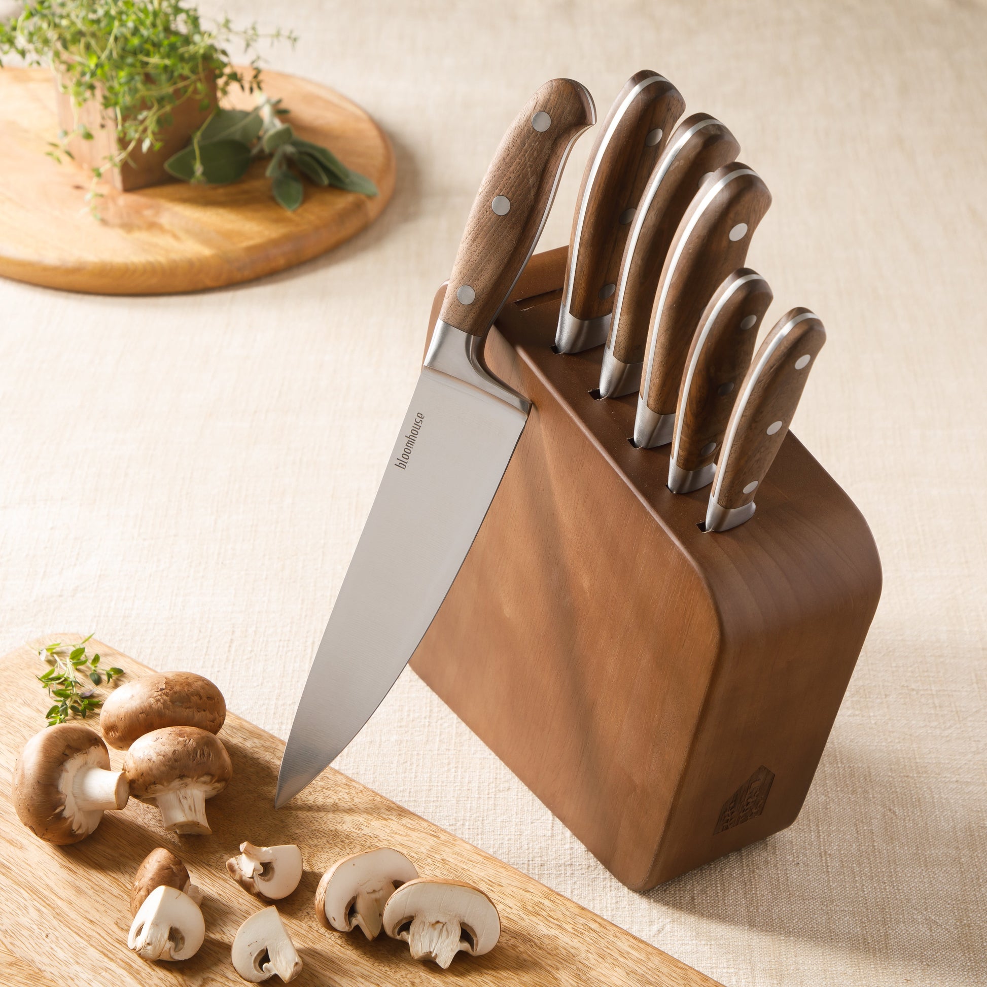 Bloomhouse 7 Piece Italian Olive Wood Knife Block Set w/ German Forged Steel Knives