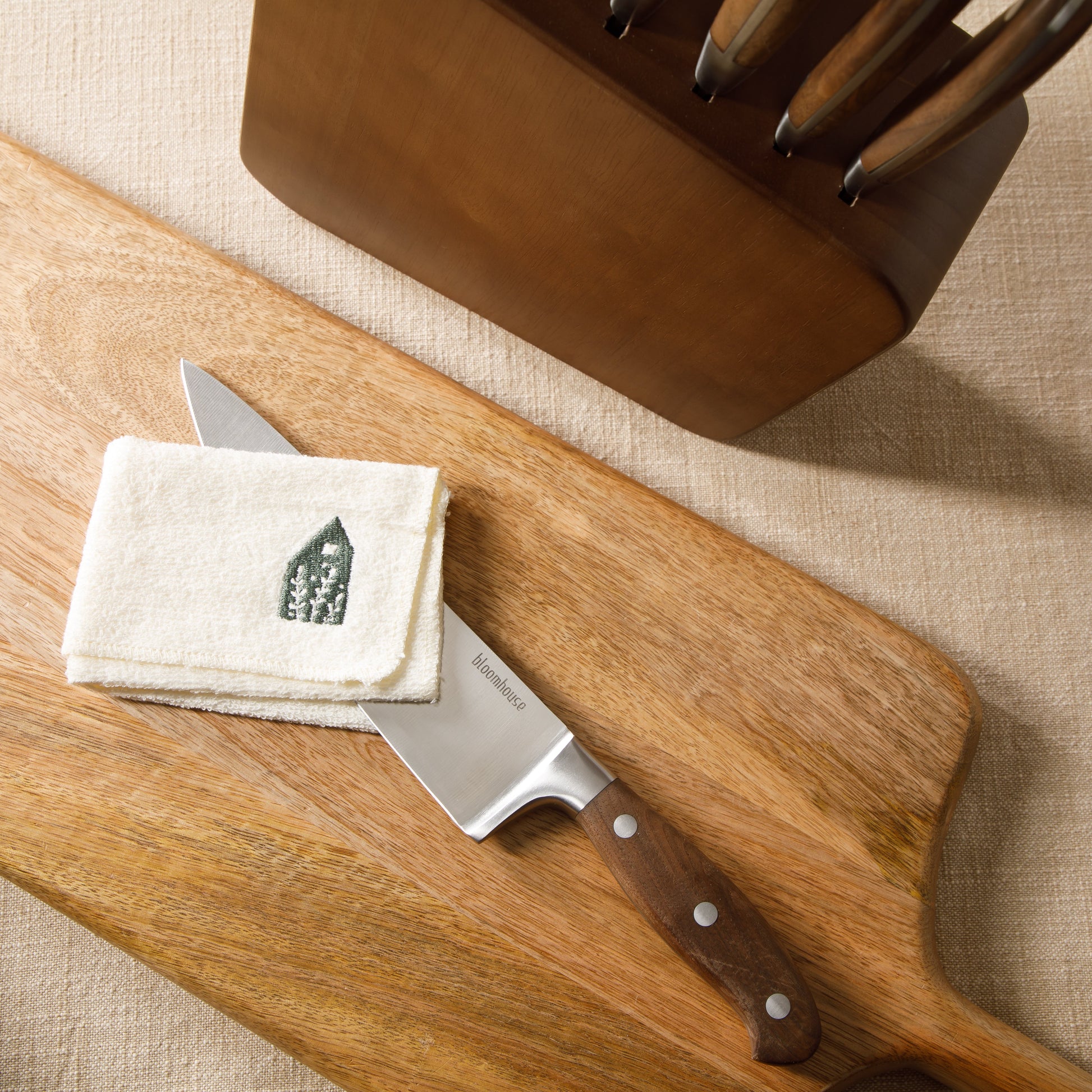 Bloomhouse 7 Piece Italian Olive Wood Knife Block Set w/ German Forged Steel Knives