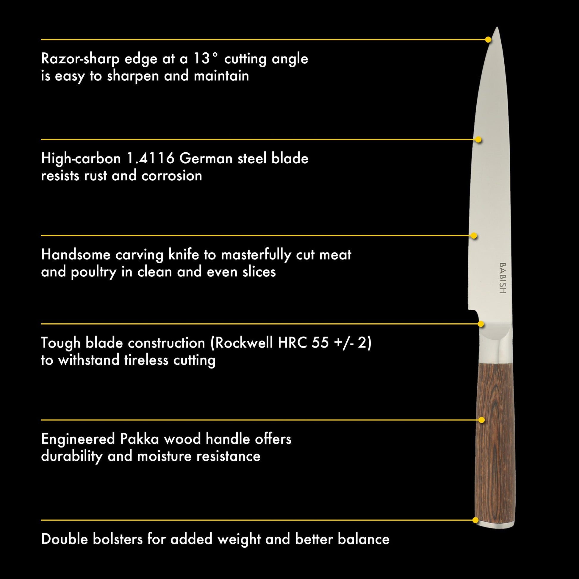 Babish 8-Inch Carving Knife – High-Carbon 1.4116 German Steel Slicing Knife with Dark Pakka Wood Handle, Full-Tang Razor Sharp Blade for Carving Meat, Turkey, Roast & BBQ
