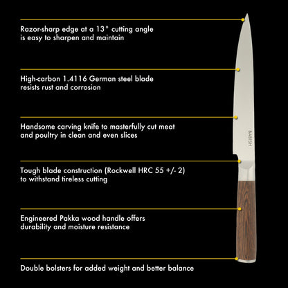 Babish 8-Inch Carving Knife – High-Carbon 1.4116 German Steel Slicing Knife with Dark Pakka Wood Handle, Full-Tang Razor Sharp Blade for Carving Meat, Turkey, Roast & BBQ