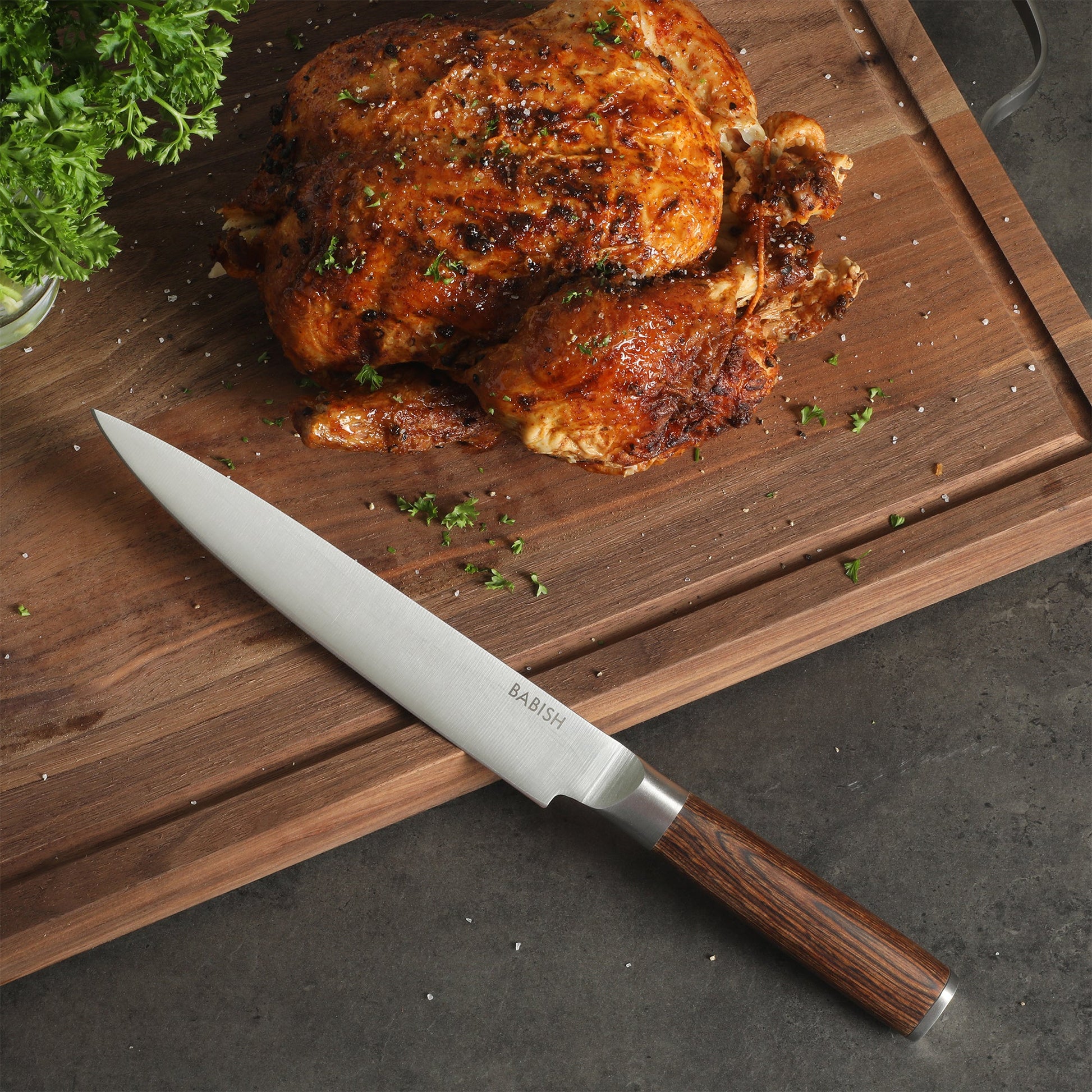Babish 8-Inch Carving Knife – High-Carbon 1.4116 German Steel Slicing Knife with Dark Pakka Wood Handle, Full-Tang Razor Sharp Blade for Carving Meat, Turkey, Roast & BBQ