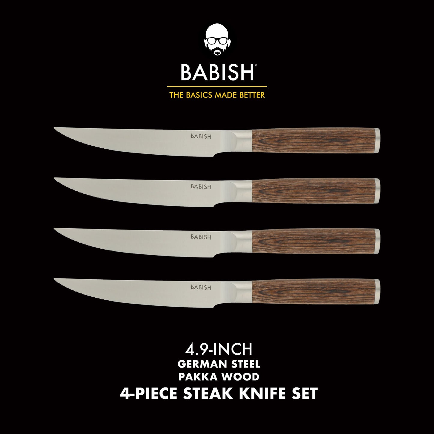 Babish 4-Piece 1.4116 German Stainless Steel Steak Knife Set with Pakka Wood Handles – Full-Tang Steak Knives for Dining, Entertaining & Everyday Table Use