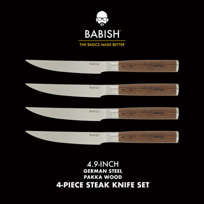 Babish 4-Piece 1.4116 German Stainless Steel Steak Knife Set with Pakka Wood Handles – Full-Tang Steak Knives for Dining, Entertaining & Everyday Table Use