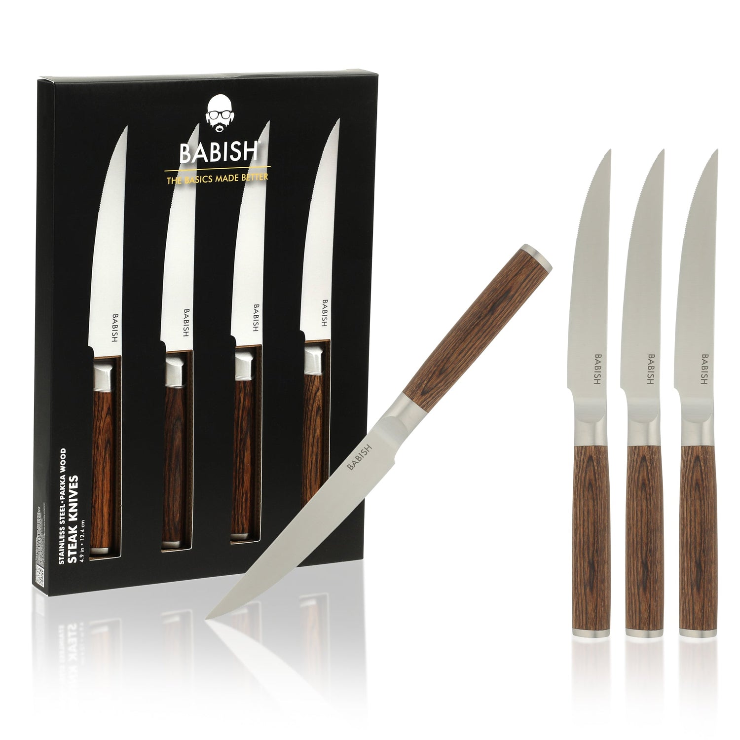 Babish 4-Piece 1.4116 German Stainless Steel Steak Knife Set with Pakka Wood Handles – Full-Tang Steak Knives for Dining, Entertaining & Everyday Table Use