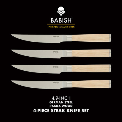 Babish 4-Piece 1.4116 German Stainless Steel Steak Knife Set with Pakka Wood Handles – Full-Tang Steak Knives for Dining, Entertaining & Everyday Table Use
