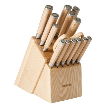 Babish High-Carbon 1.4116 German Steel 15 Piece Full Tang Forged Cutlery Kitchen Knife Block Set - Light/Dark Pakka Wood Handle