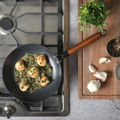 Babish 9.5 Inch/11 Inch Cast Iron Skillet with Wooden Handle, Pre-Seasoned Nonstick Pan with Honeycomb Cooking Surface, Induction Oven Safe Skillet