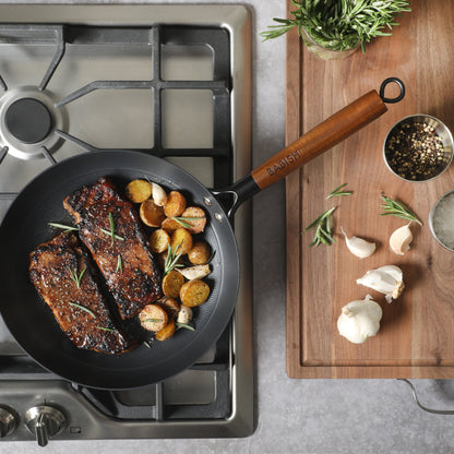 Babish 9.5 Inch/11 Inch Cast Iron Skillet with Wooden Handle, Pre-Seasoned Nonstick Pan with Honeycomb Cooking Surface, Induction Oven Safe Skillet