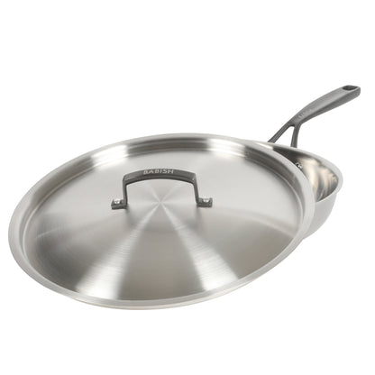 Babish 12-Inch Tri-Ply Stainless Steel Frying Pan with Lid & Black Handle – Professional Grade Skillet for Searing, Sautéing & Even Heat Cooking