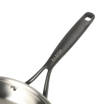 Babish 12-Inch Tri-Ply Stainless Steel Frying Pan with Lid & Black Handle – Professional Grade Skillet for Searing, Sautéing & Even Heat Cooking