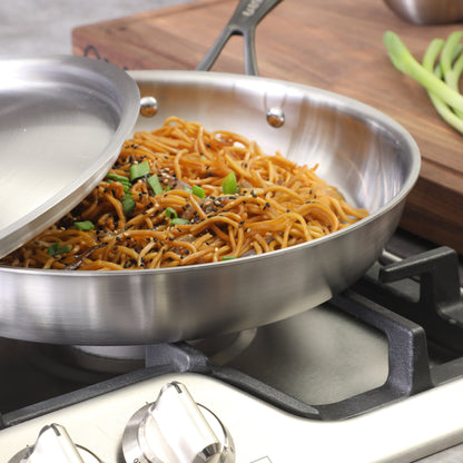 Babish 12-Inch Tri-Ply Stainless Steel Frying Pan with Lid & Black Handle – Professional Grade Skillet for Searing, Sautéing & Even Heat Cooking