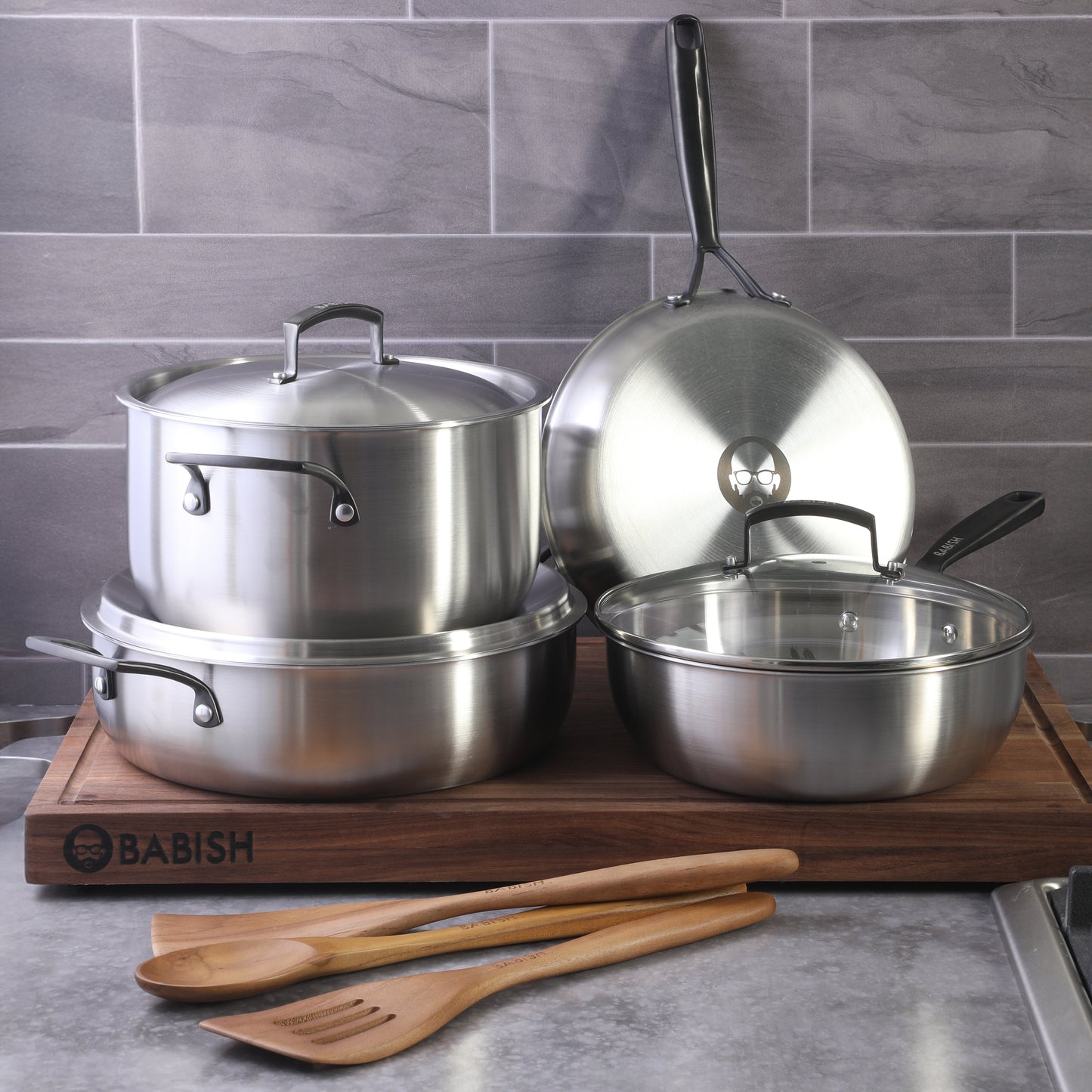 Babish 10-Piece Professional Tri-Ply Non-Toxic Pots and Pans Cookware Set – Durable, Even Heat Distribution