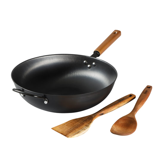Oster Dunwood 3 Piece Carbon Steel Wok, 13.8” PFAS-Free Stir Fry Pan with Wooden Spatulas, High Heat, Oven & Stovetop Safe