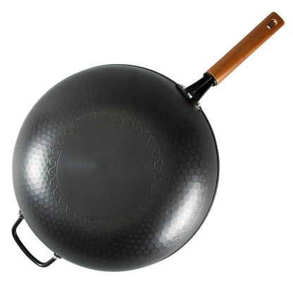 Oster Dunwood 3 Piece Carbon Steel Wok, 13.8” PFAS-Free Stir Fry Pan with Wooden Spatulas, High Heat, Oven & Stovetop Safe