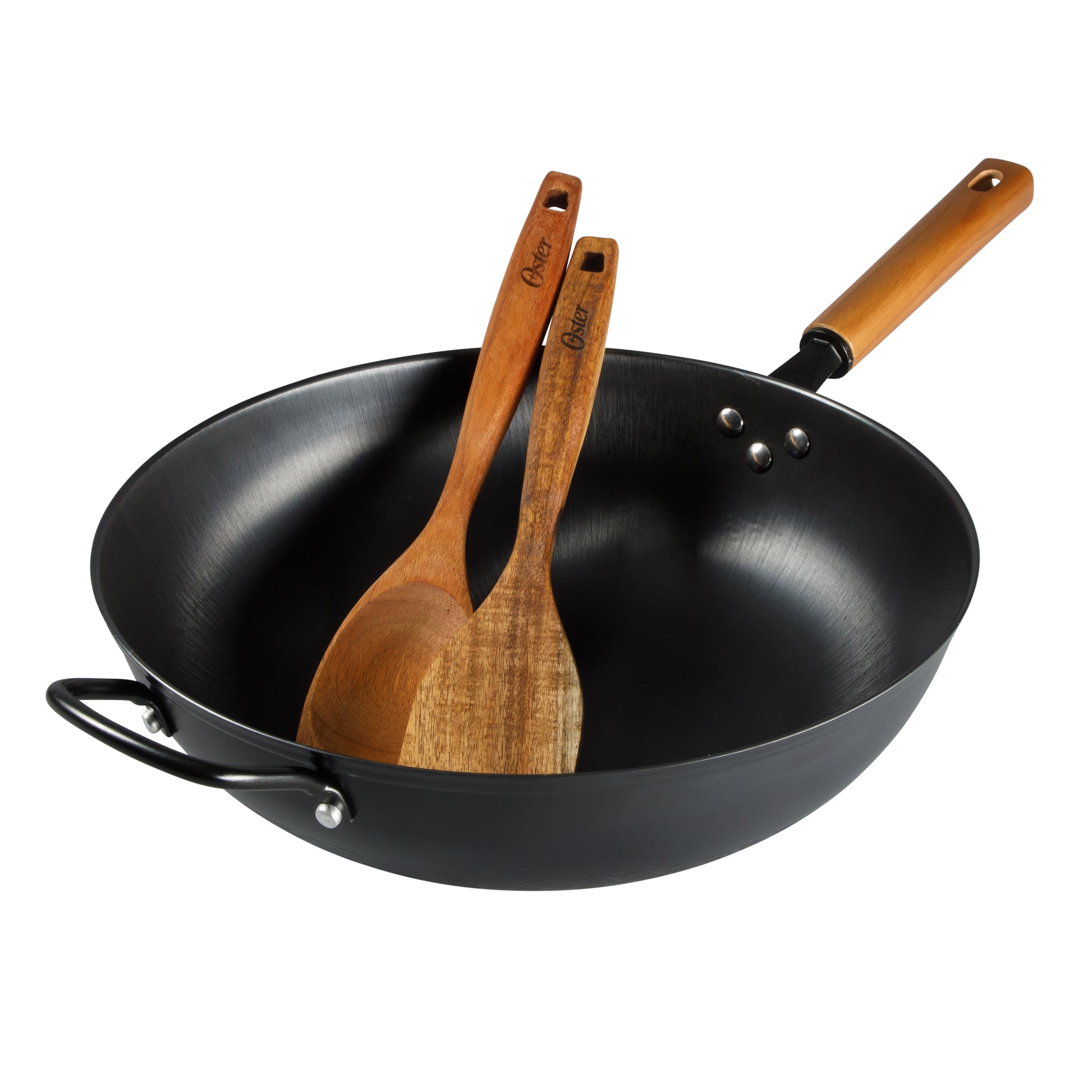 Oster Dunwood 3 Piece Carbon Steel Wok, 13.8” PFAS-Free Stir Fry Pan with Wooden Spatulas, High Heat, Oven & Stovetop Safe