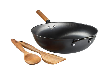 Oster Dunwood 3 Piece Carbon Steel Wok, 13.8” PFAS-Free Stir Fry Pan with Wooden Spatulas, High Heat, Oven & Stovetop Safe