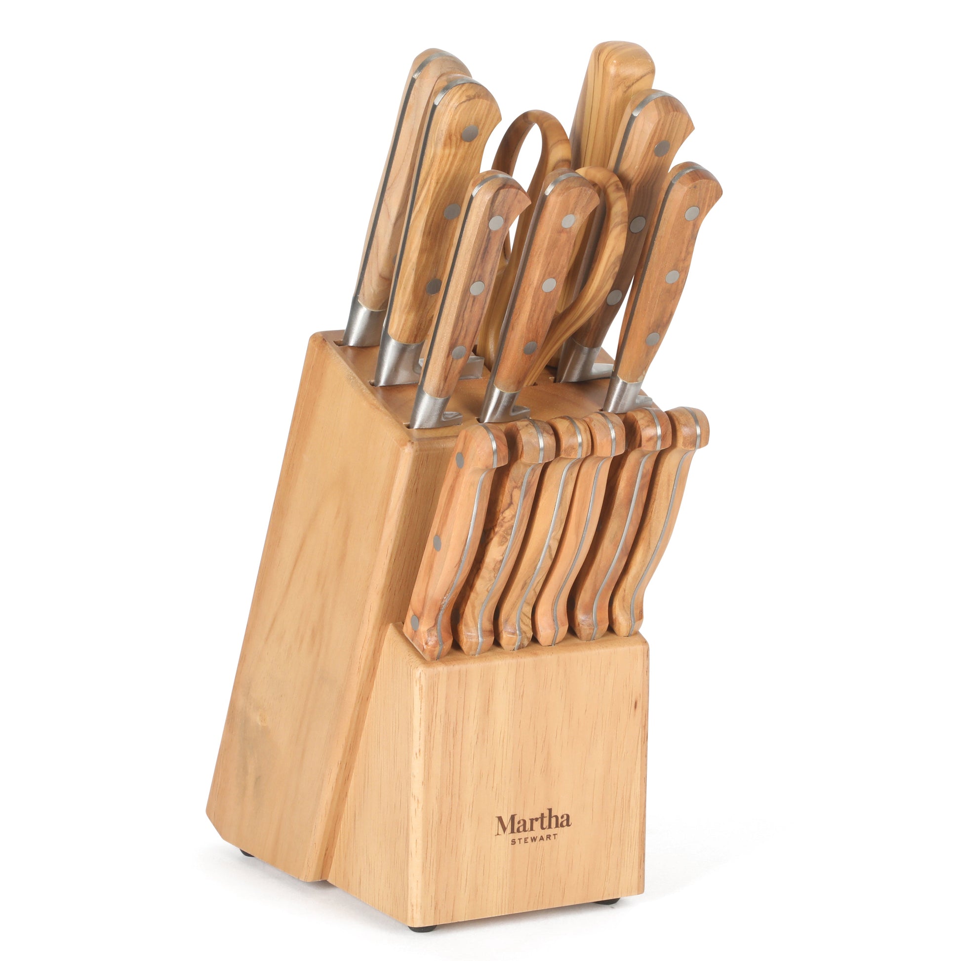 Martha Stewart 15 Piece Austenwood German Stainless Steel Cutlery Kitchen Knife Block Set W/ Italian Olive Wood Forged Handle & Wood Block