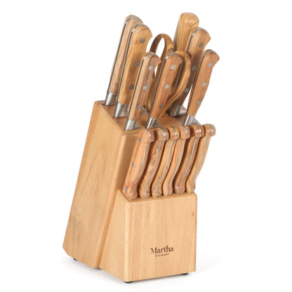 Martha Stewart 15 Piece Austenwood German Stainless Steel Cutlery Kitchen Knife Block Set W/ Italian Olive Wood Forged Handle & Wood Block