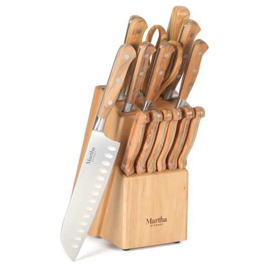 Martha Stewart 15 Piece Austenwood German Stainless Steel Cutlery Kitchen Knife Block Set W/ Italian Olive Wood Forged Handle & Wood Block